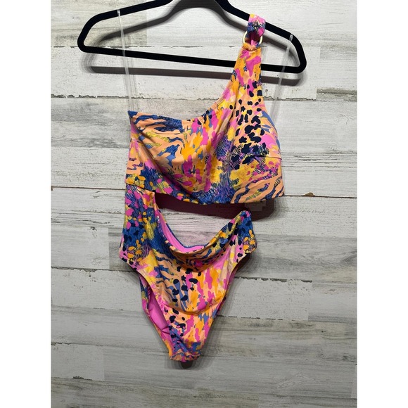 Jessica Simpson Other - Jessica Simpson Women XL Lip Gloss Pink Abstract One Shoulder Swimsuit NWT